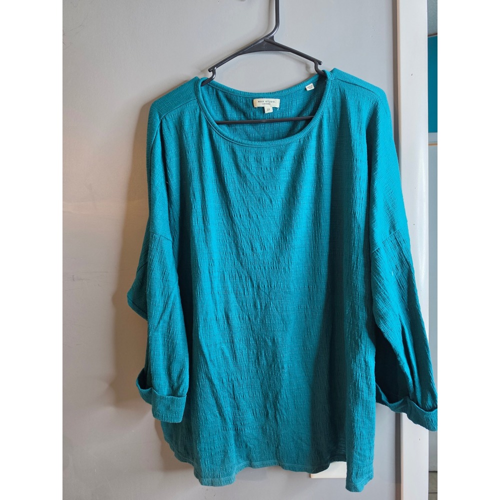 Max Studio London Teal Blue Textured Gauze Scoop Neck Blouse Plus Size 2X